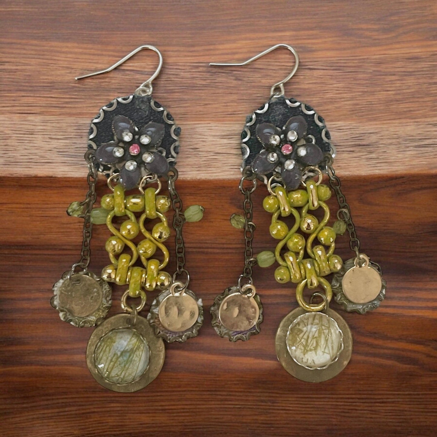 Handmade collage earrings -mixed metals with denim, rhinestones and postage stamp remnant dangles under faux glass domes- Sterling ear wires