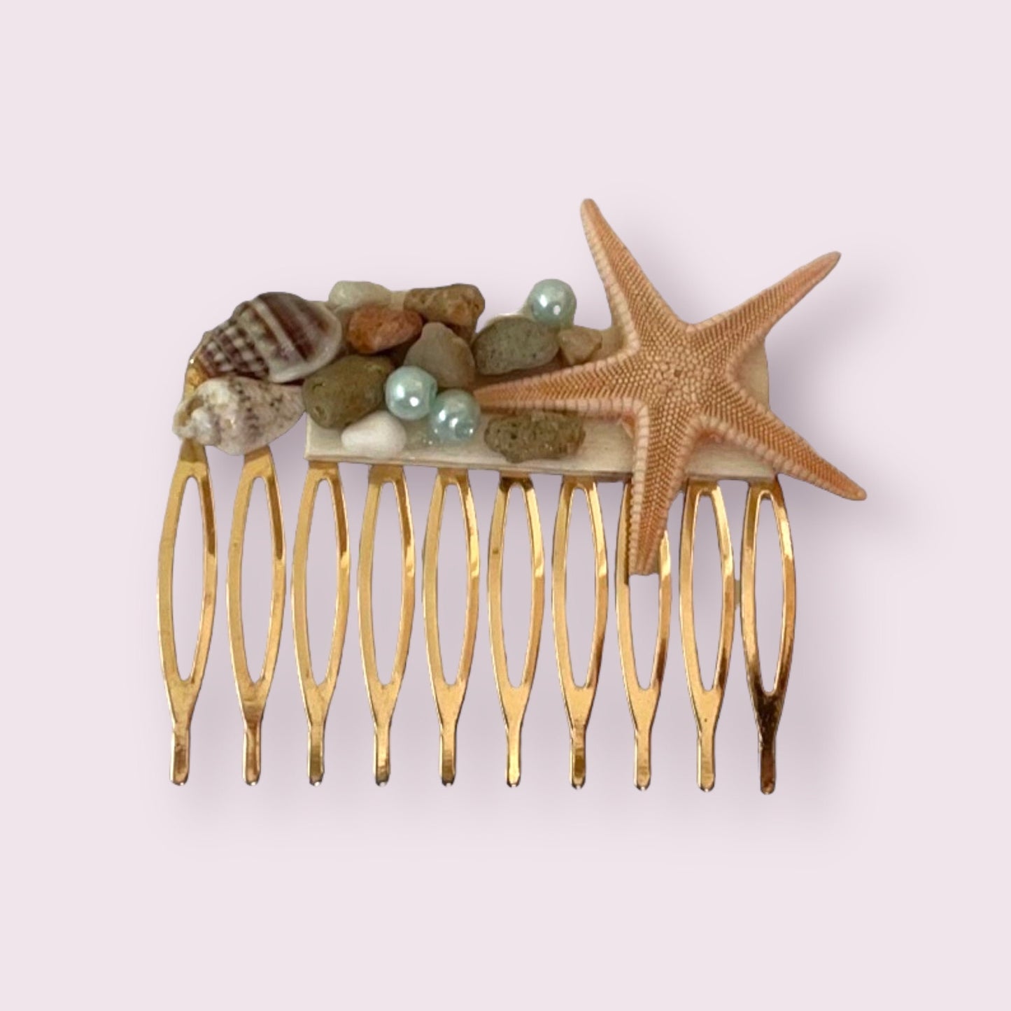 Stunning beach themed hair comb - starfish, stones, shells, faux pearls on goldtone metal
