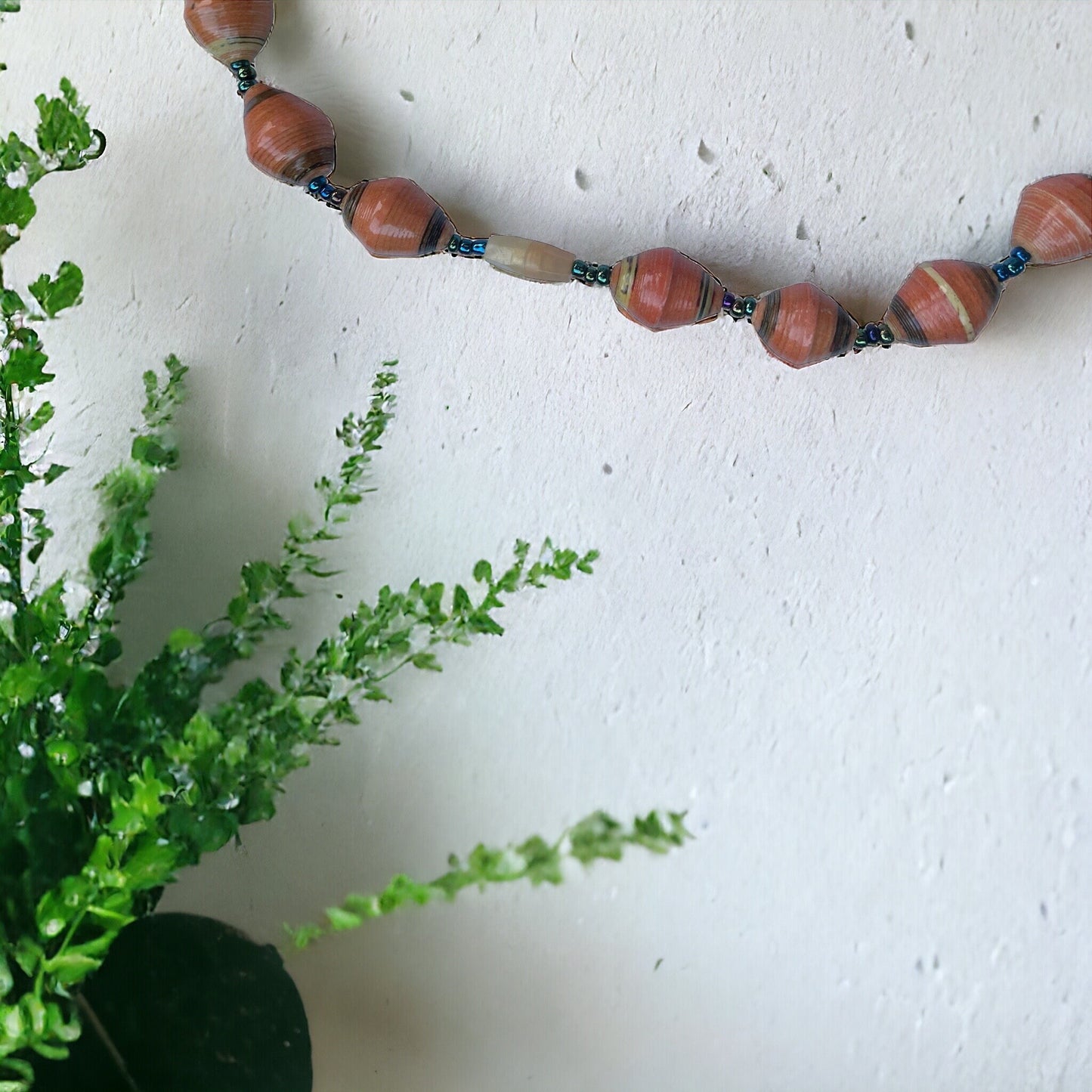 Orange paper rolled oval beaded necklace