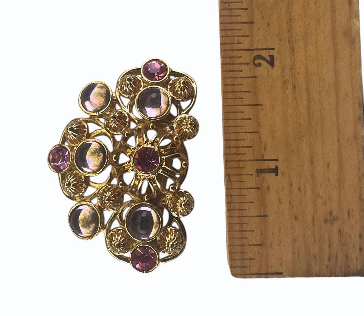 1992 Signed Barrera for Avon Marbella Necklace & Clip-On Earrings Set | Gold Tone Pink and Lavender Cabochon Designer Jewelry