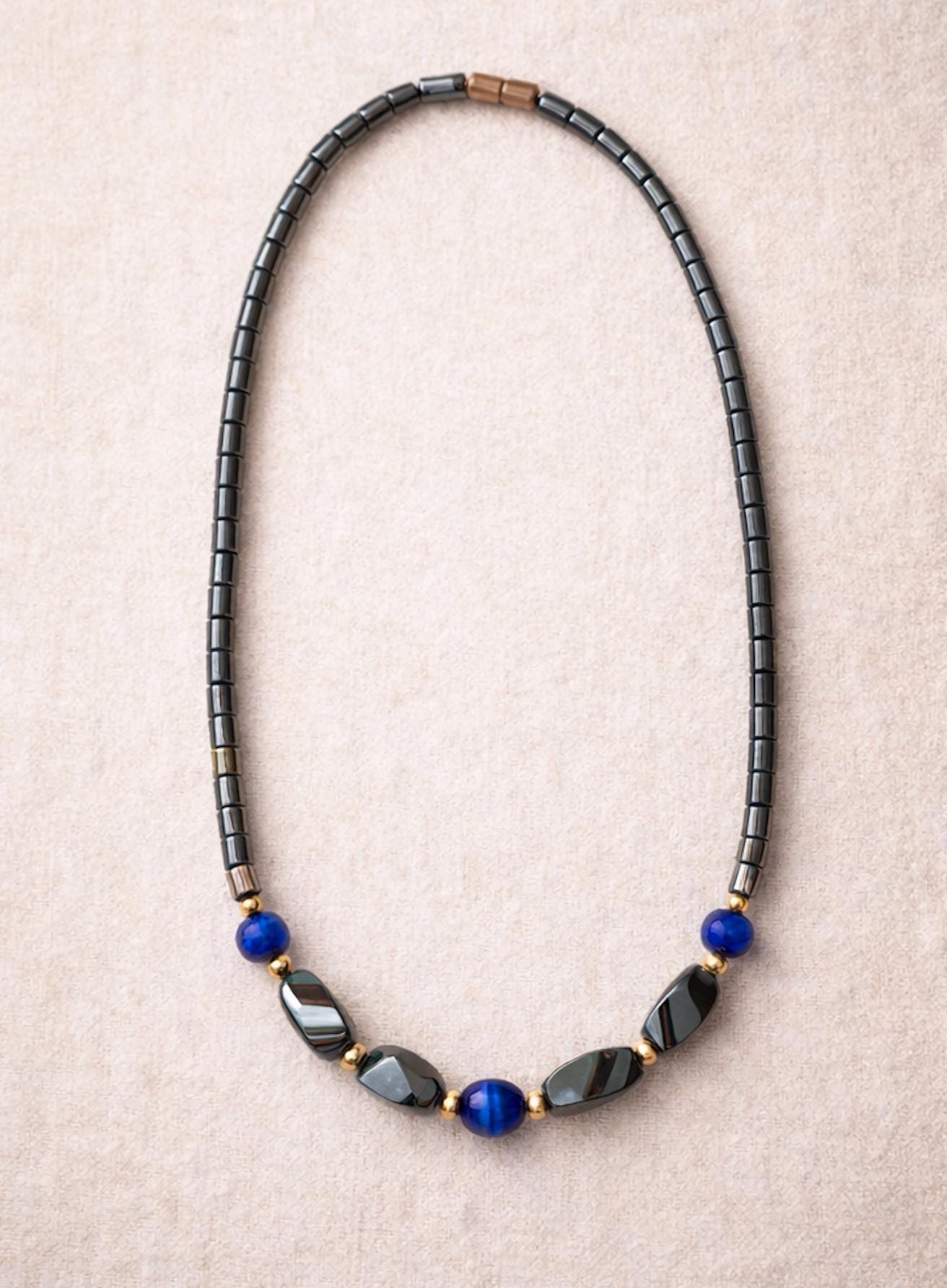Vintage Hematite Cobalt Blue Bead Necklace, 90s Minimalist Choker, Gold Accent Statement Jewelry
