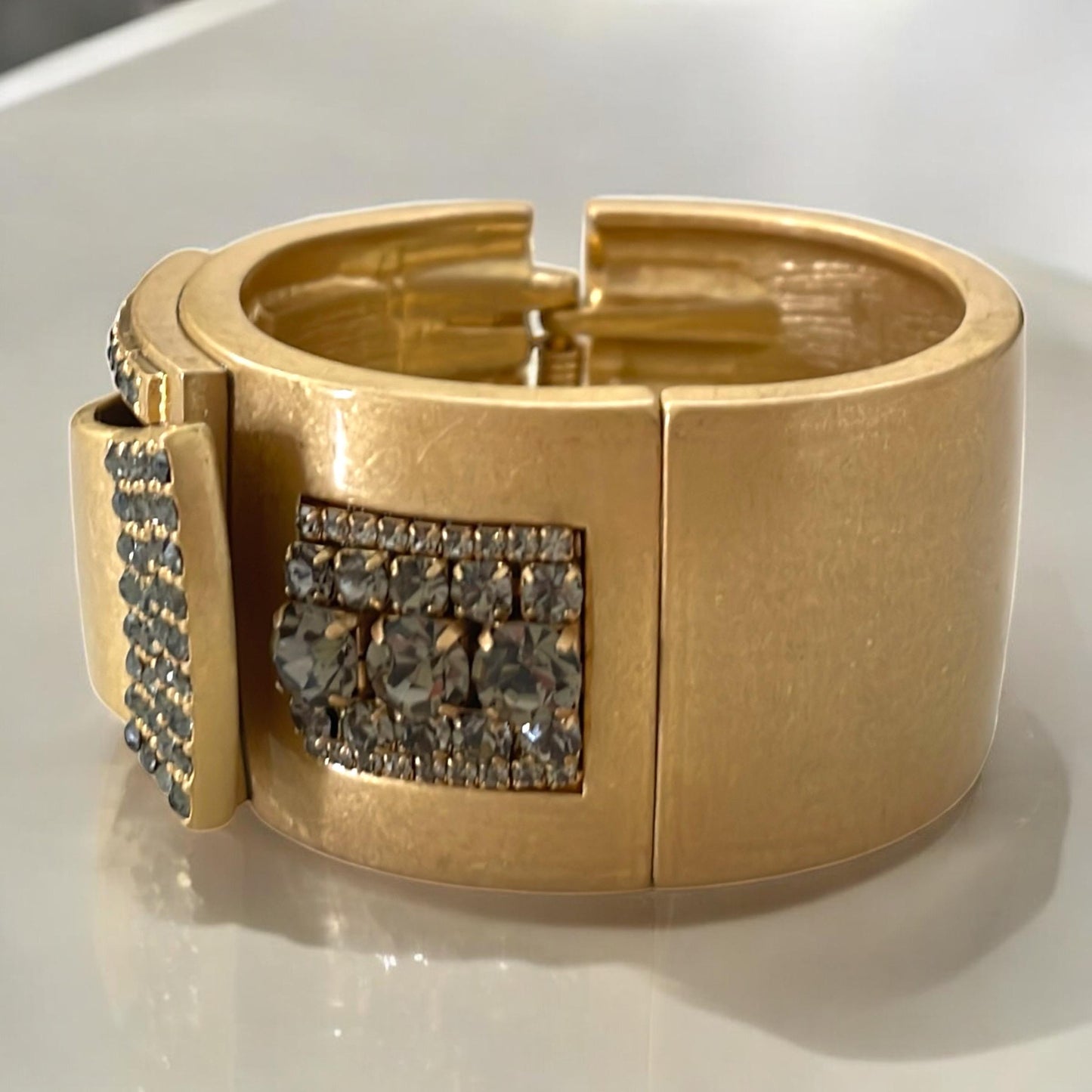 Goldtone Wide Bangle Bracelet with Silvery Gray Rhinestones • Vintage Statement Jewelry • Chunky Glam Cuff • Bold Costume Bracelet