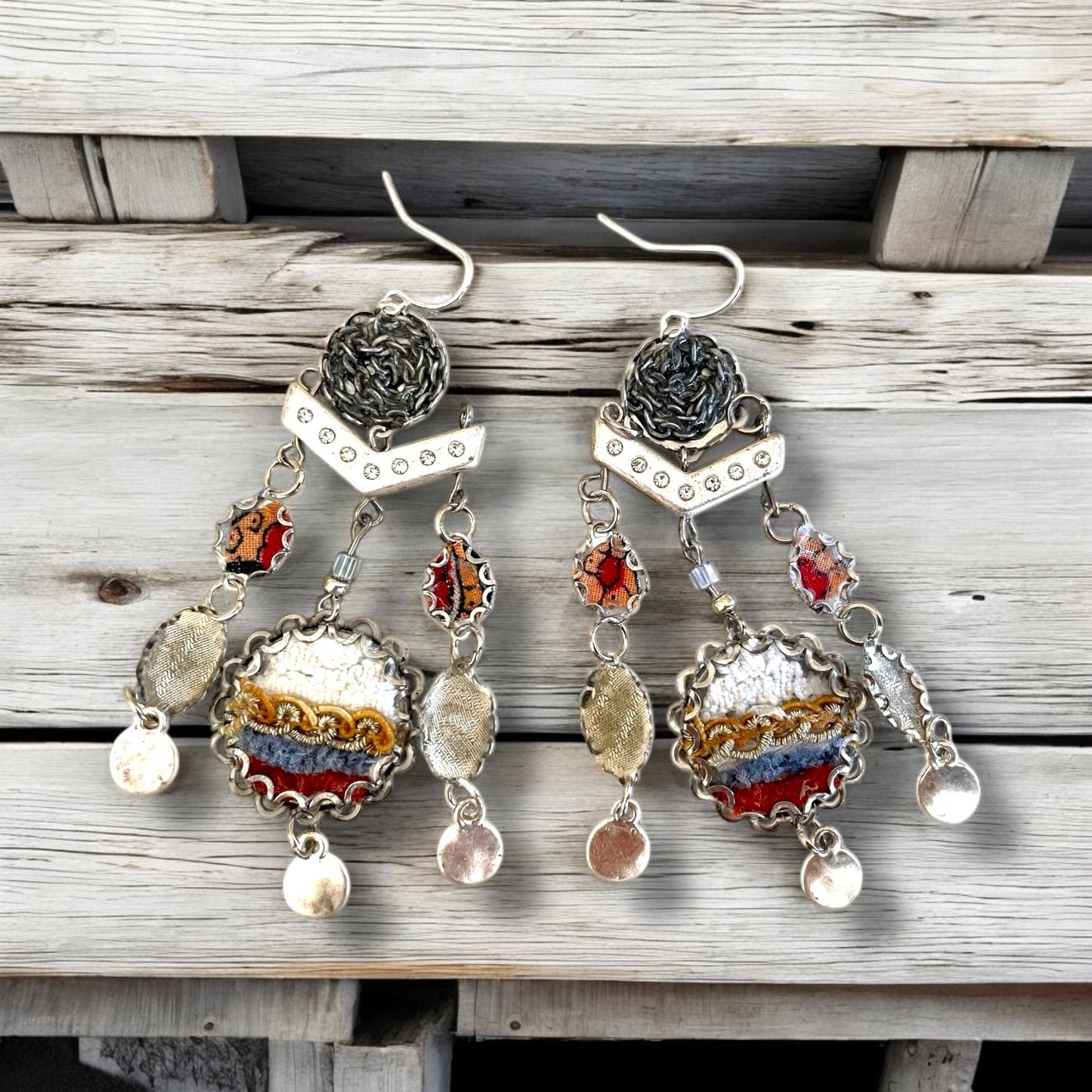One-of-a-kind earrings made with fabric, velvet, lace, mixed metals, chain and rhinestone studded spacers. Sterling ear wires.