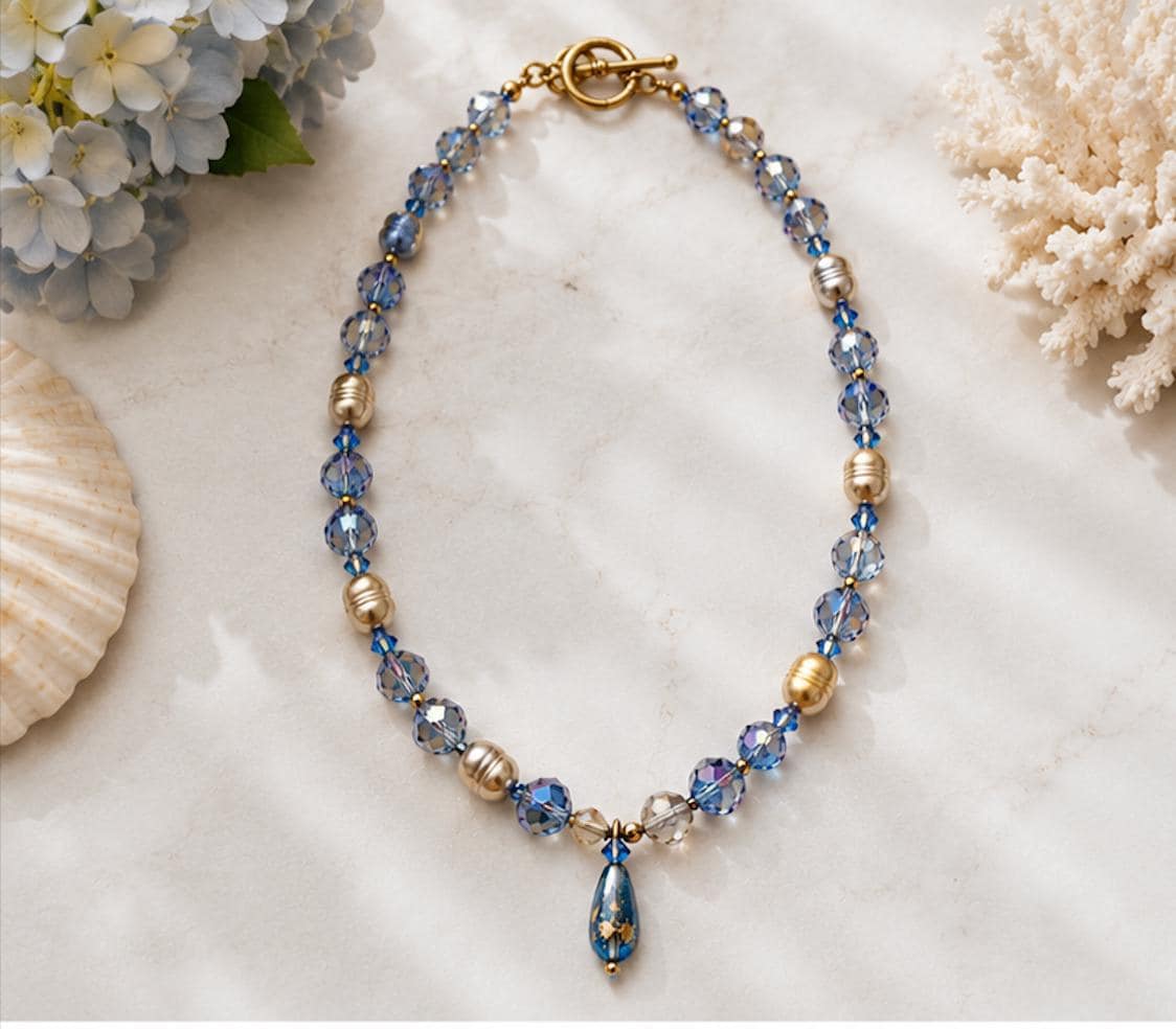 Vintage Artisan Crystal & Freshwater Pearl Necklace | Blue AB Crystal Teardrop Pendant | Elegant 18" Statement Necklace