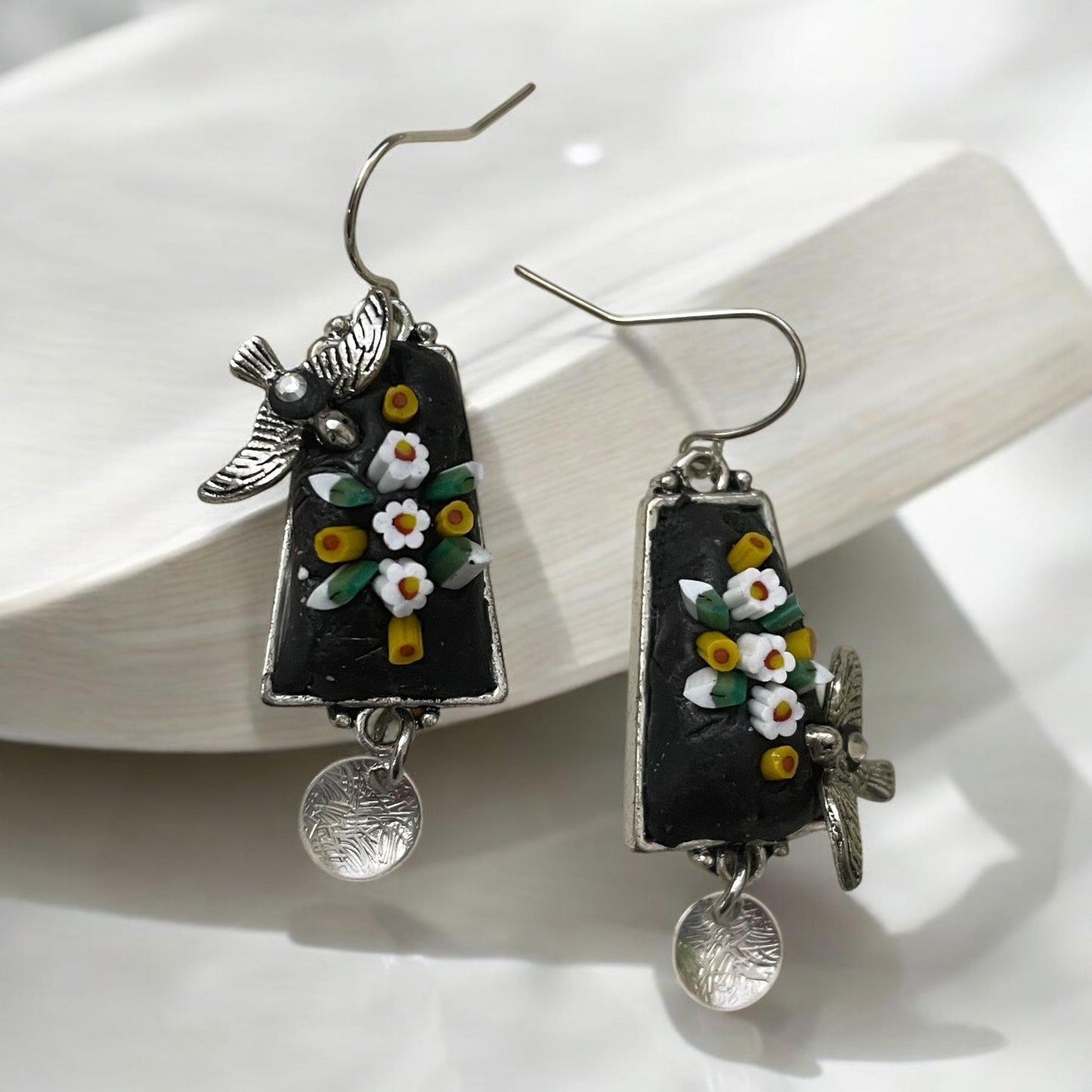 My own handmade Italian style hand cut micro mosaic millefiori dangle earrings - flowers with birds - sterling silver ear wires