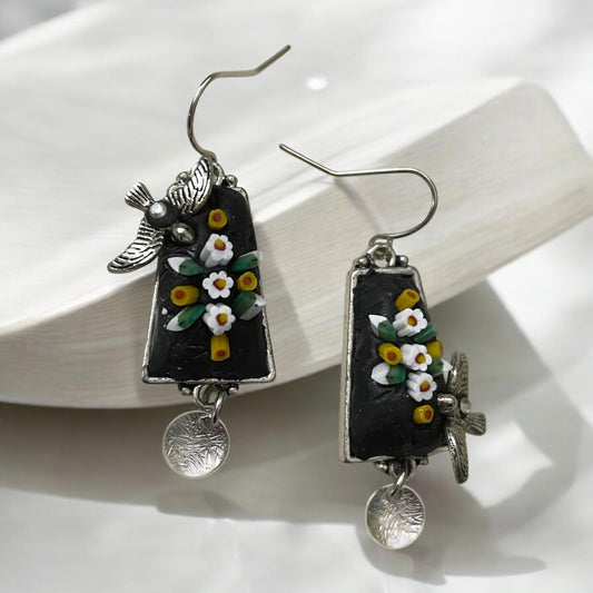 My own handmade Italian style hand cut micro mosaic millefiori dangle earrings - flowers with birds - sterling silver ear wires