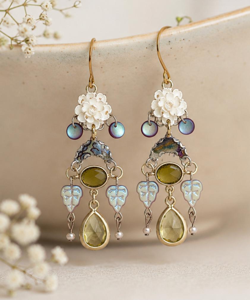Handmade Vintage Rose Statement Earrings | Upcycled Goldtone Crystal, Iridescent Glass & Vintage Silk Earrings