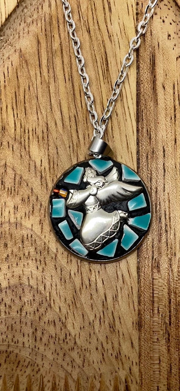 My handmade angel micro mosaic necklace with handcut tile and mixed materials