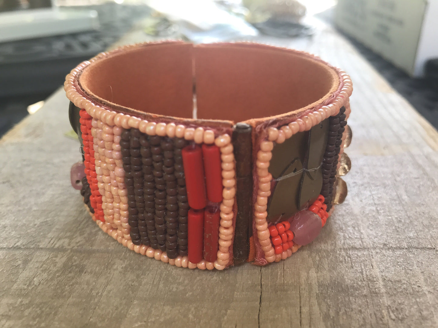 Stunning and unique vintage seed bead and mixed material vintage bracelet - shades of orange and brown - made by Sally C