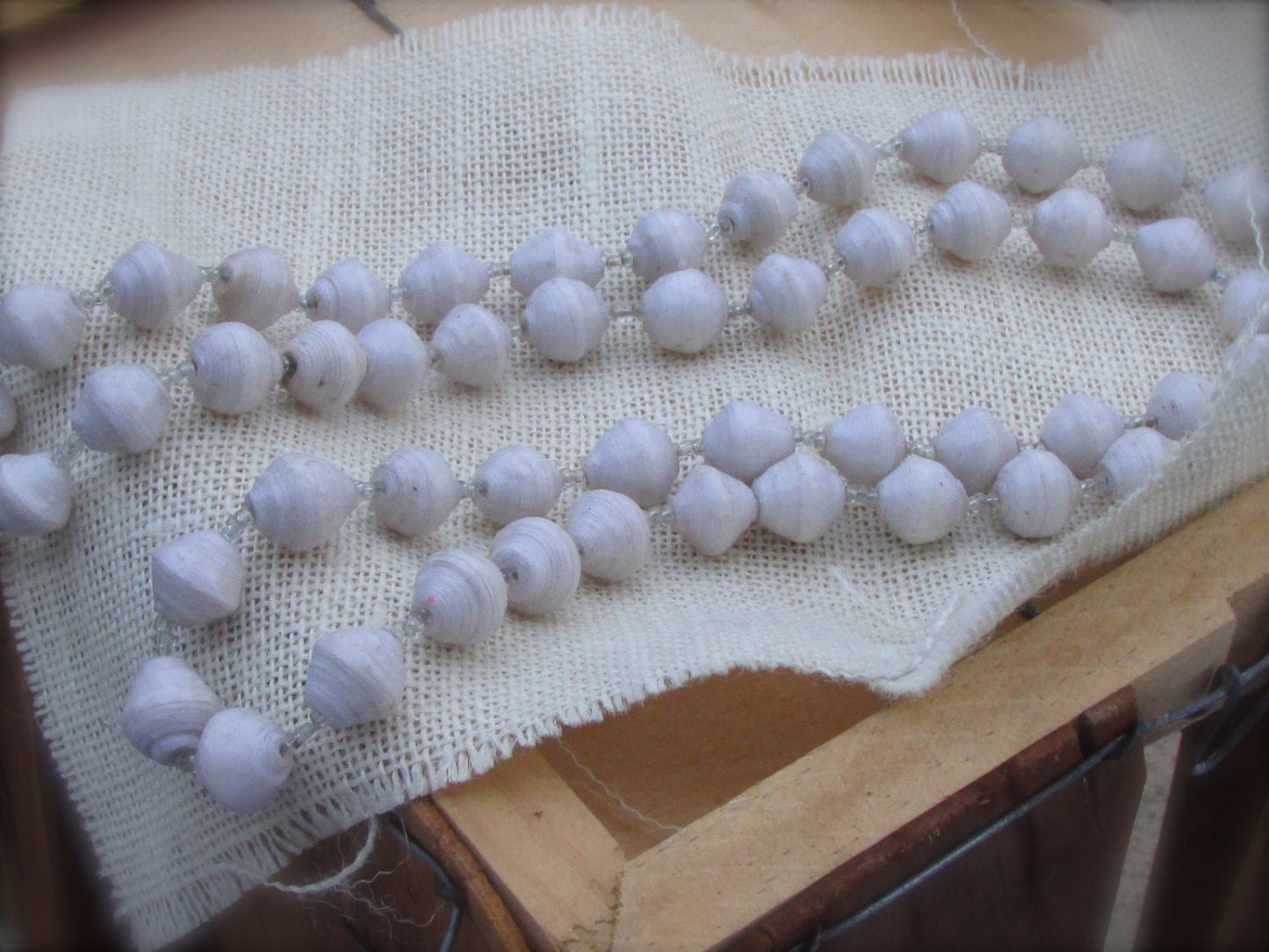 Unique white vintage artisan necklace - beads look like porcelain but are actually made of rolled paper that's been painted & sealed
