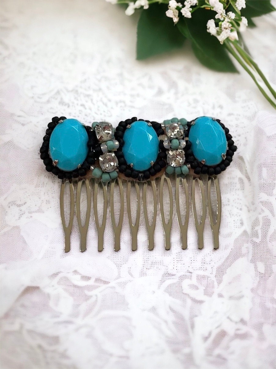 One-of-a-kind hand beaded hair comb - with rhinestones