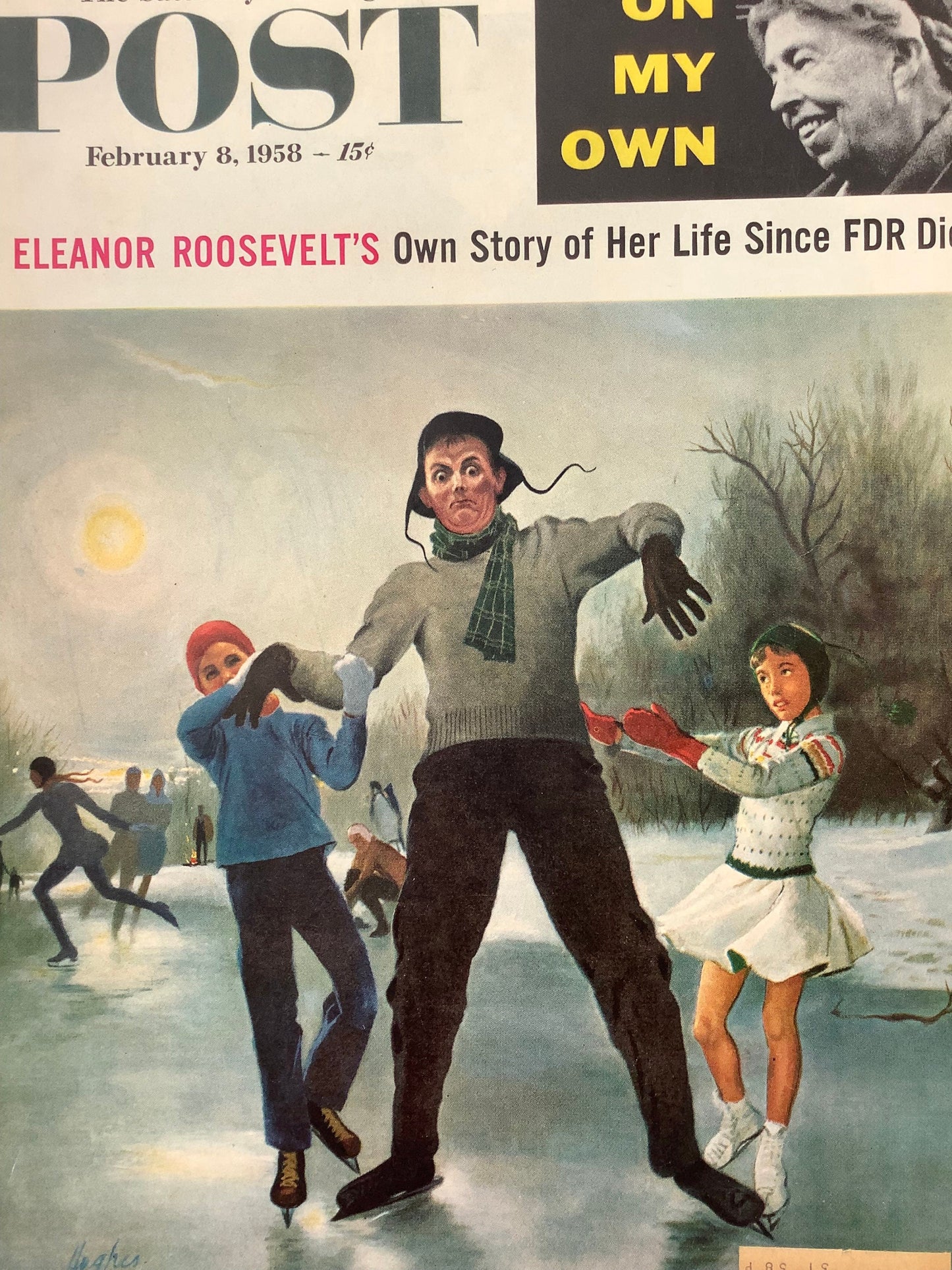 RARE - Saturday Evening Post - Original Cover - February 8, 1958 - ice skating