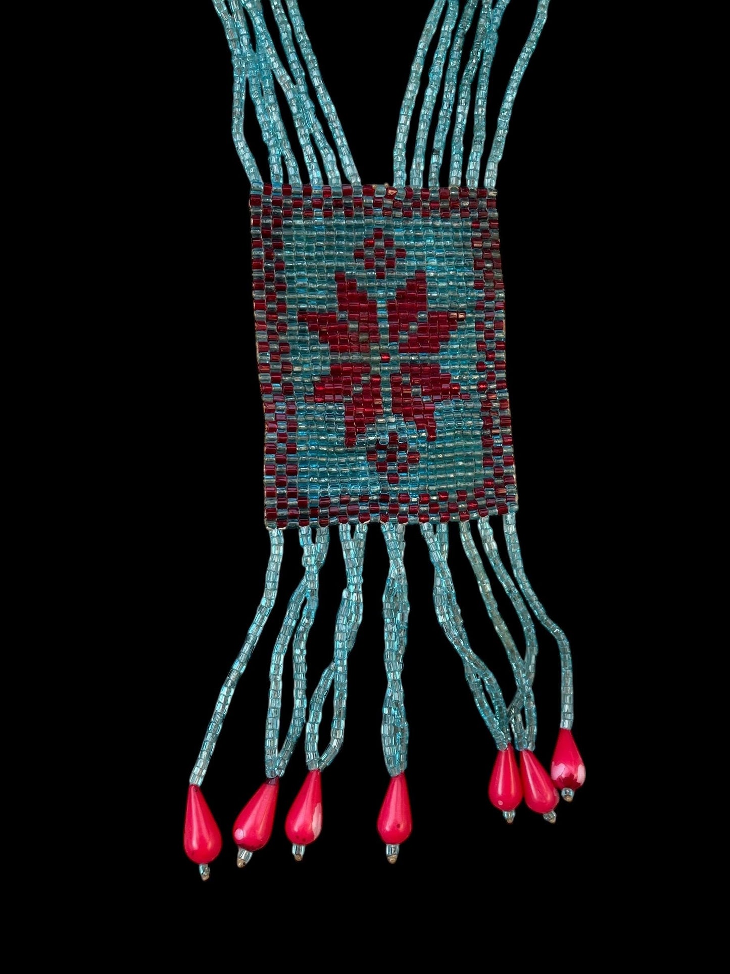Stunning long multi-stranded vintage handmade all-beaded necklace - turquoise and red glass seed beads