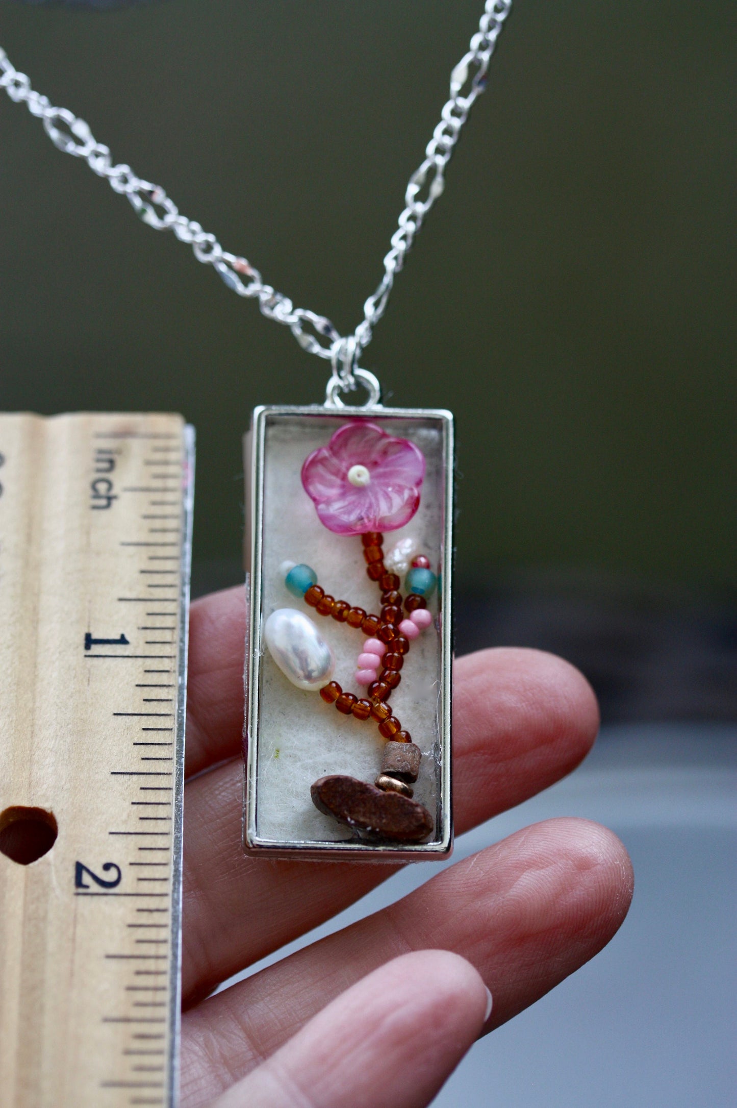 Asian inspired "painting" with beads - mixed material necklace - baroque pearl, glass, wood, metal