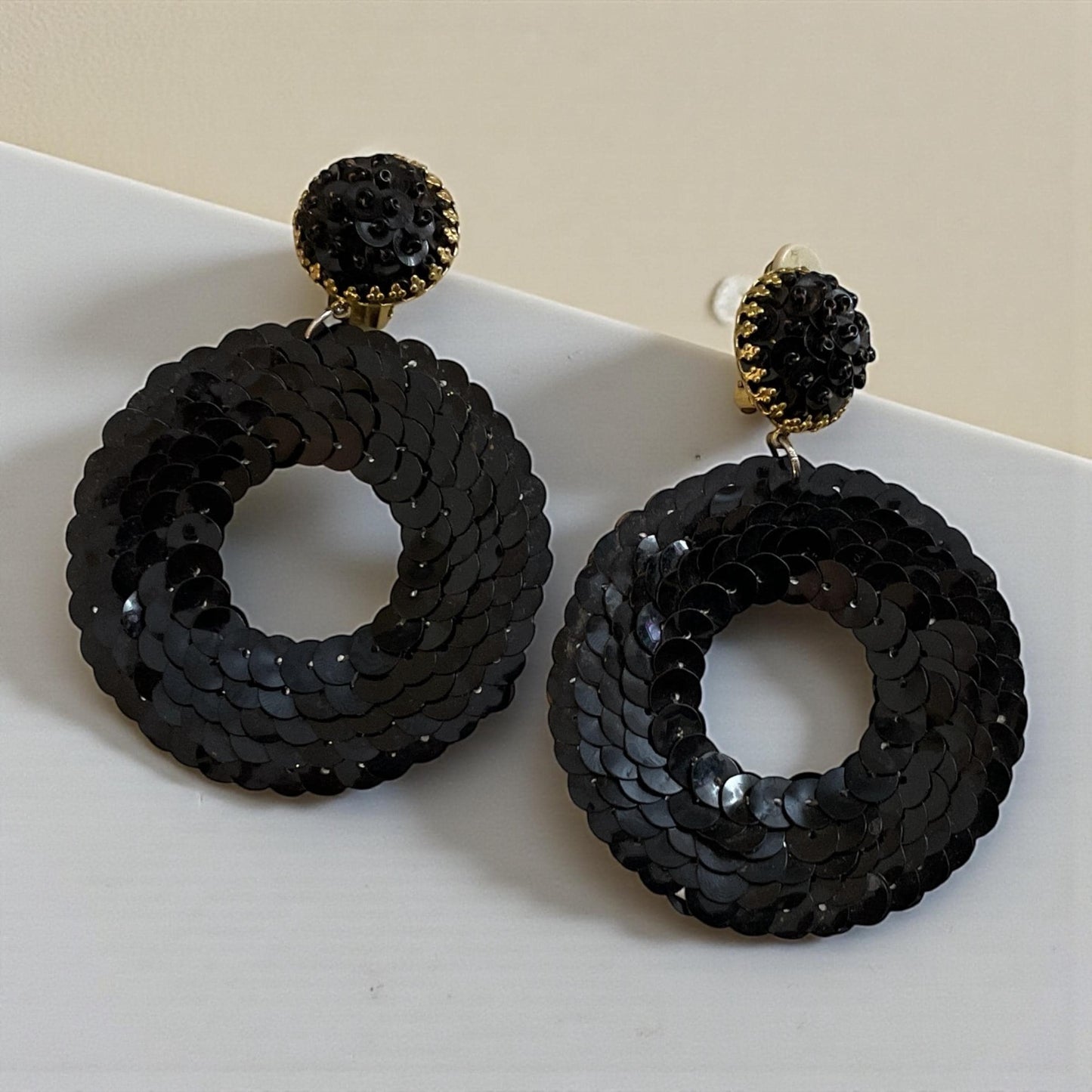 Vintage Black Sequined Clip-On Hoop Earrings – 3" Statement Dangles Glam