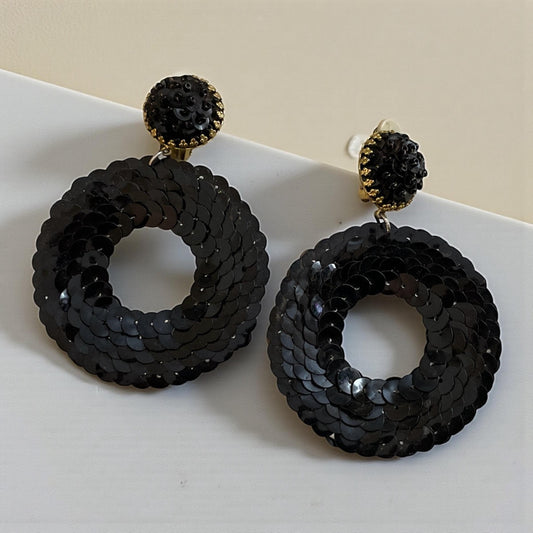 Vintage Black Sequined Clip-On Hoop Earrings – 3" Statement Dangles Glam