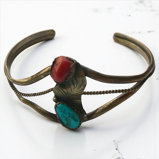Vintage Native American Sterling Silver Cuff Bracelet | Handmade Turquoise & Red Coral Southwestern Jewelry