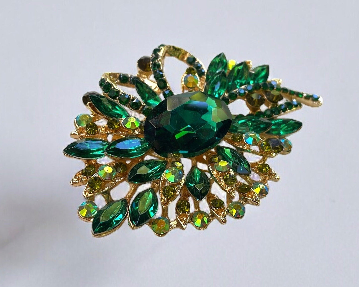 Stunning large emerald green and AB rhinestone vintage pin - 3 1/2" x 2"