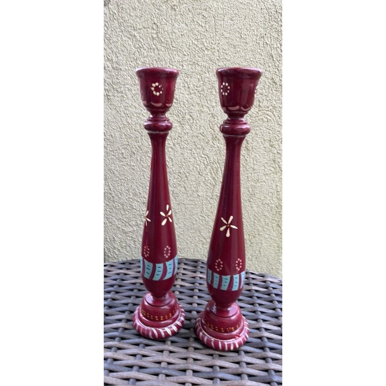 Charming vintage painted wood candlestick holders - folk art style