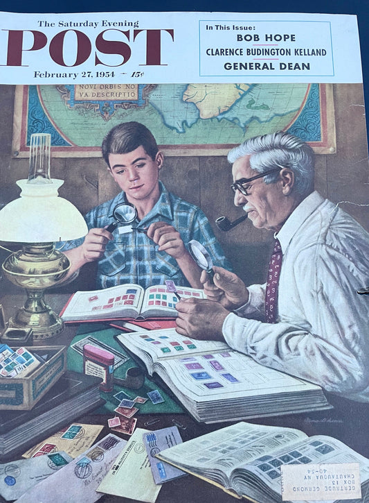 Saturday Evening Post - Original Cover - February 27, 1954 - stamp collecting with grandpa