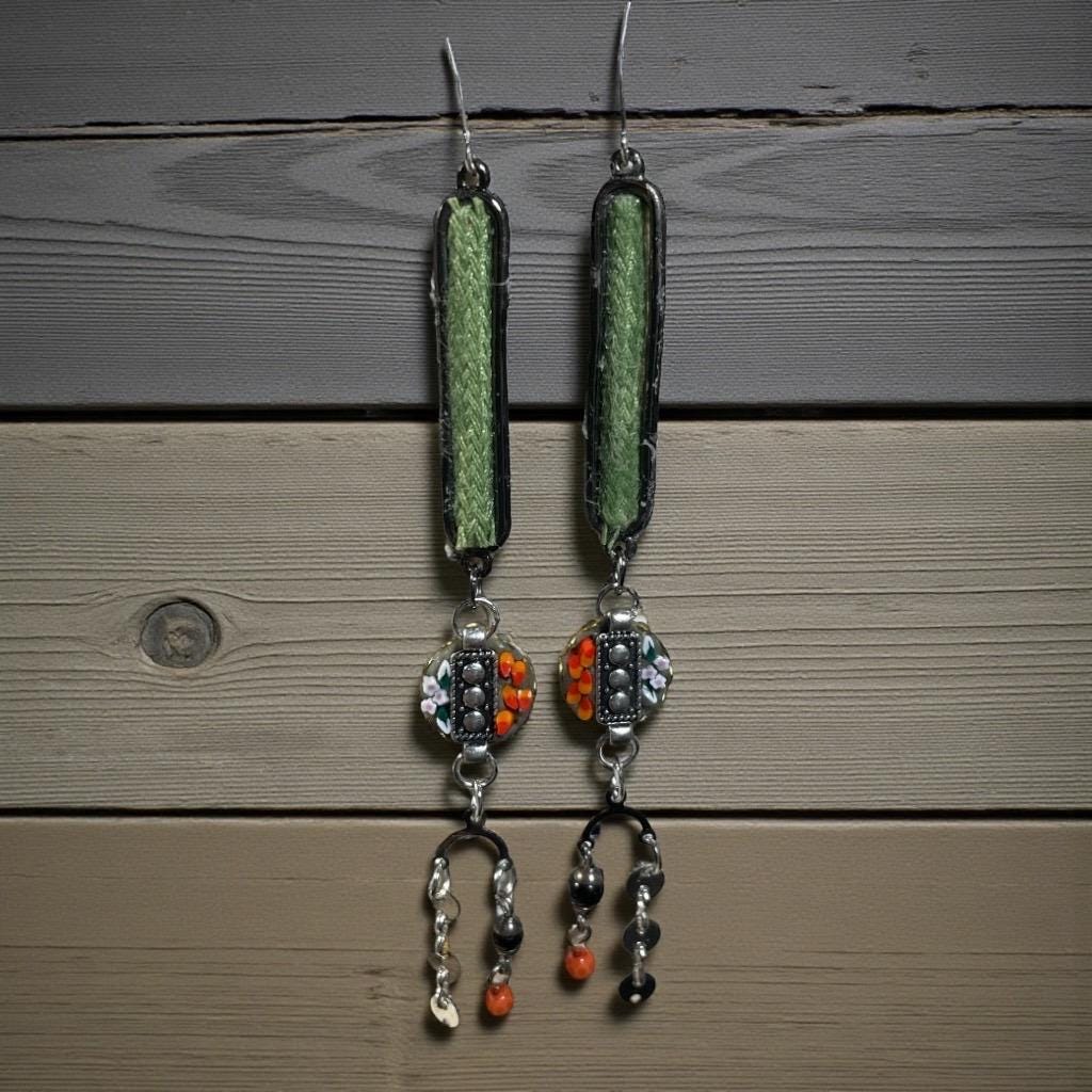 Handcrafted Boho Mosaic Dangle Earrings –Green Woven Fabric & Beaded Drop Earrings, Artisan Statement Jewelry, Colorful Mixed Media Earrings