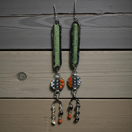 Handcrafted Boho Mosaic Dangle Earrings –Green Woven Fabric & Beaded Drop Earrings, Artisan Statement Jewelry, Colorful Mixed Media Earrings
