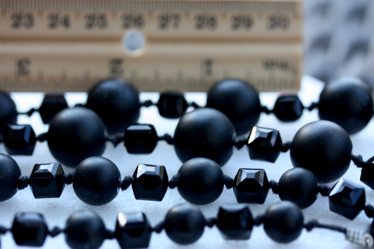 Stunning, high quality long black vintage necklace - with black matte round faux pearls and smooth cubed black crystal-like beads