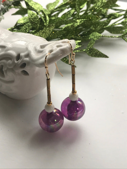 Handmade earrings with upcycled vintage purple glass ball dangles
