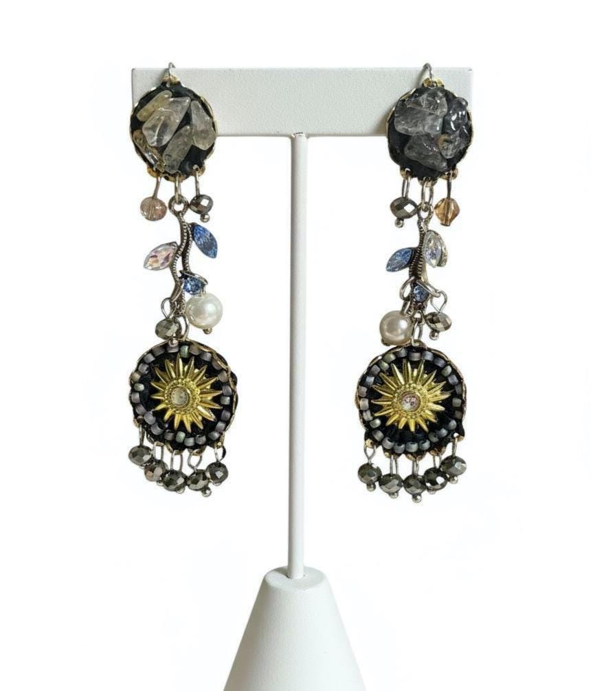 Celestial Sunburst Dangle Earrings – Handmade Boho Statement Jewelry with rutilated quartz,  rhinestones, faux pearls & Beads
