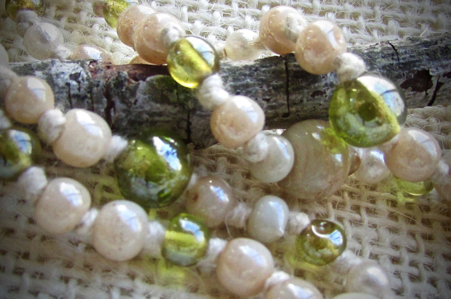 Cream and green glass beaded vintage necklace - hand knotted