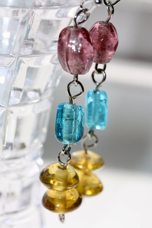 Handmade dangle earrings made of colorful recovered vintage glass