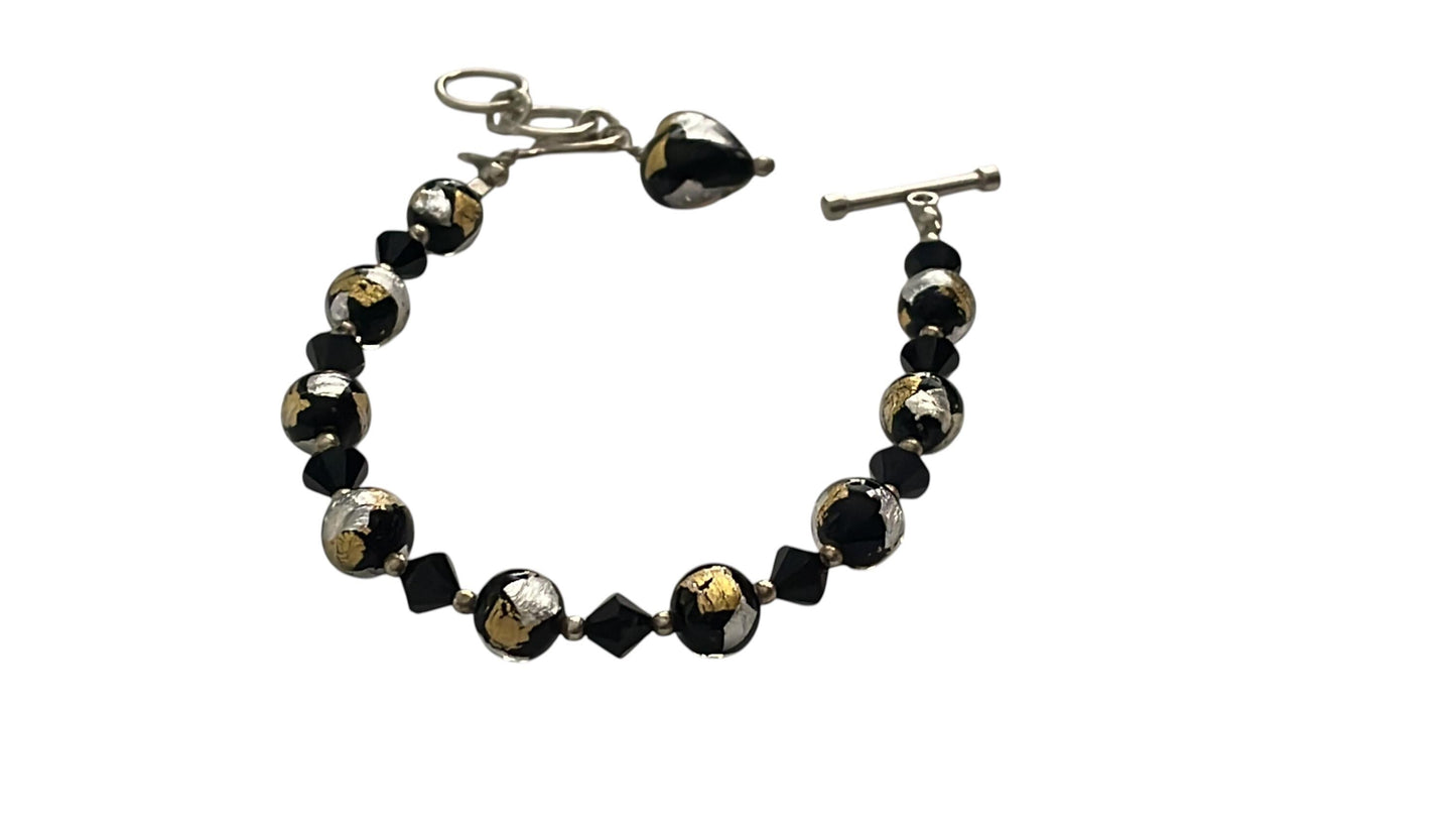 Vintage Lucky Clover brand Murano Glass Bracelet Black Gold Silver Foil Beads, Adjustable 7-8 Inch,m Italian Art Glass Jewelry