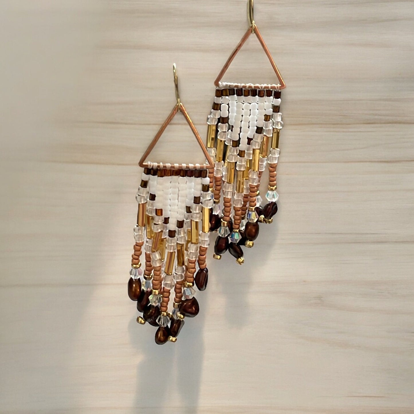Hand beaded stunning dangle  earrings - earth toned seed beads with copper pearls