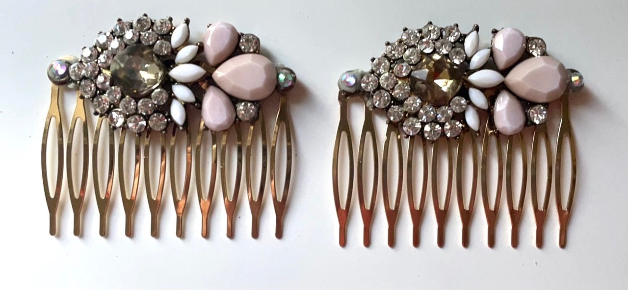 Ornate rhinestone hair combs - Mixed Material Mosaic / collage Assemblage art - made from upcycled jewelry components