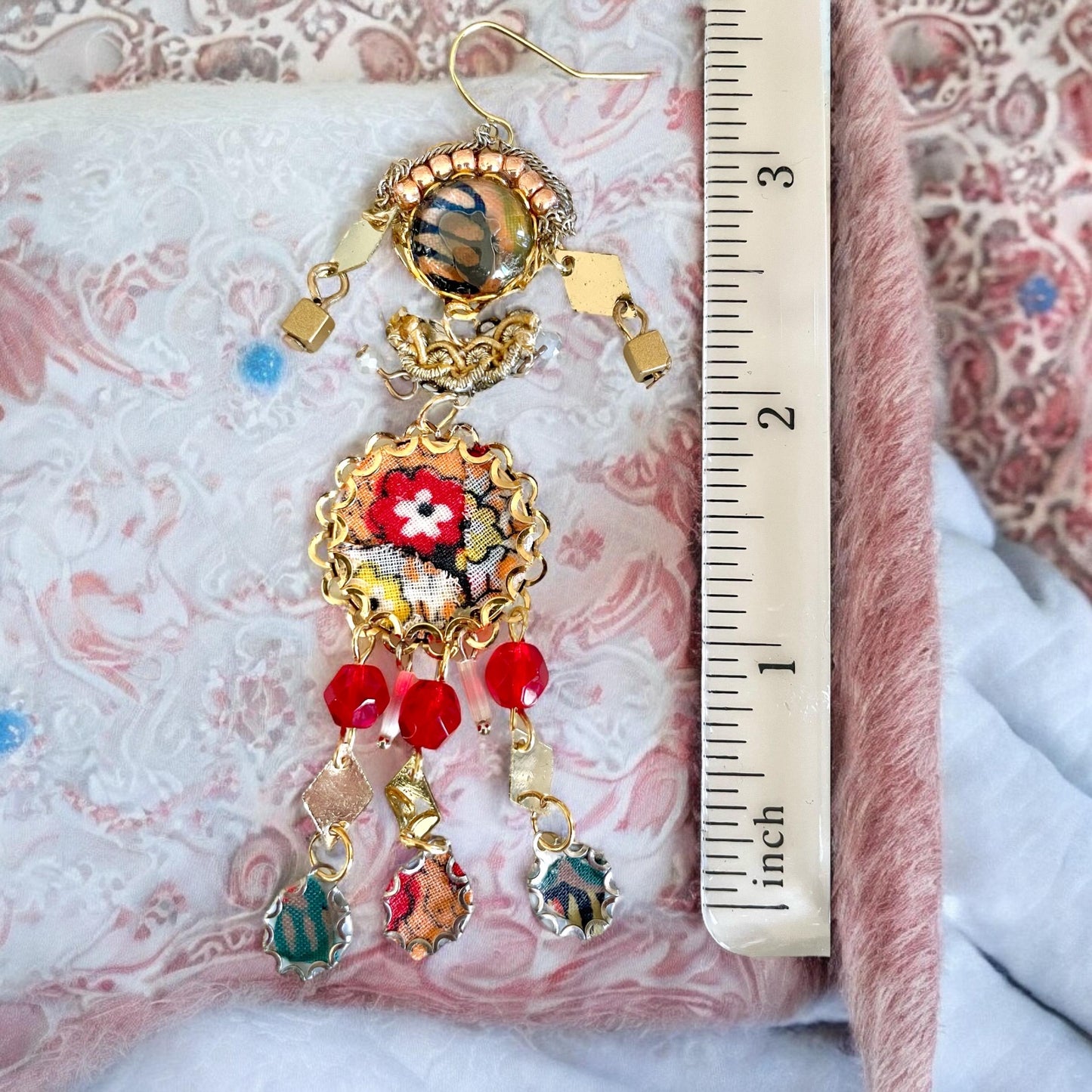 Handmade collage earrings featuring vintage textiles, crystal glass, mixed metals and various unique findings. Sterling silver ear wires.