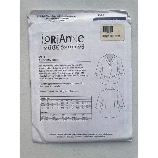 UNCUT Sewing Pattern - LoriAnne Patterns 5916. Asymmetry Jacket. All Sizes