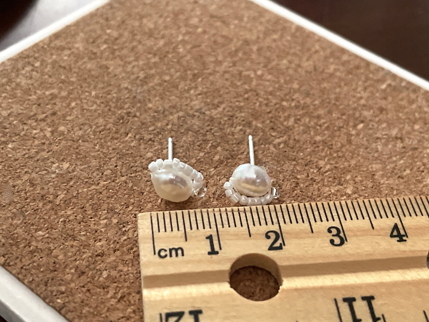 Stunning baroque pearl stud earrings with tiny intricate beadwork - sterling silver ear wires