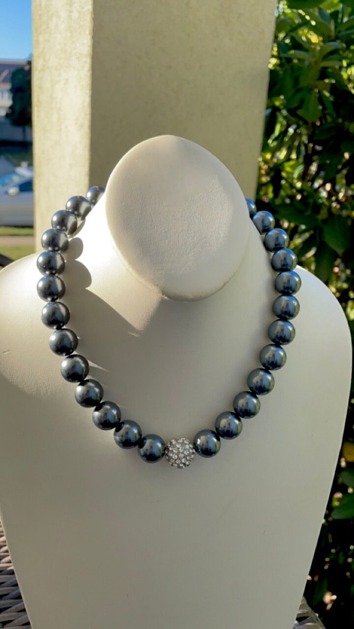 Stunning vintage large black faux pearl round beads with rhinestone ball that adds sparkle and bling