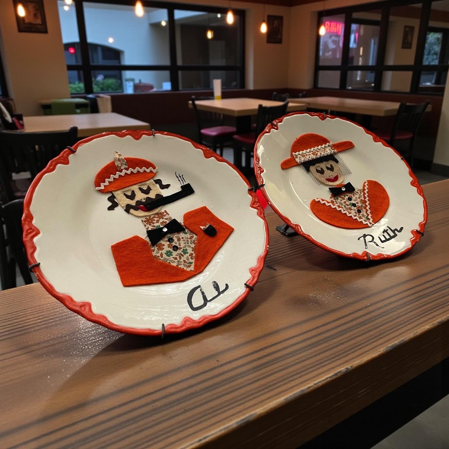 Vintage Felt Art Wall Plates, Retro Folk Art, Mid Century Wall Hanging Set - possibly the most charming portrait plates!  Meet RUTH & AL