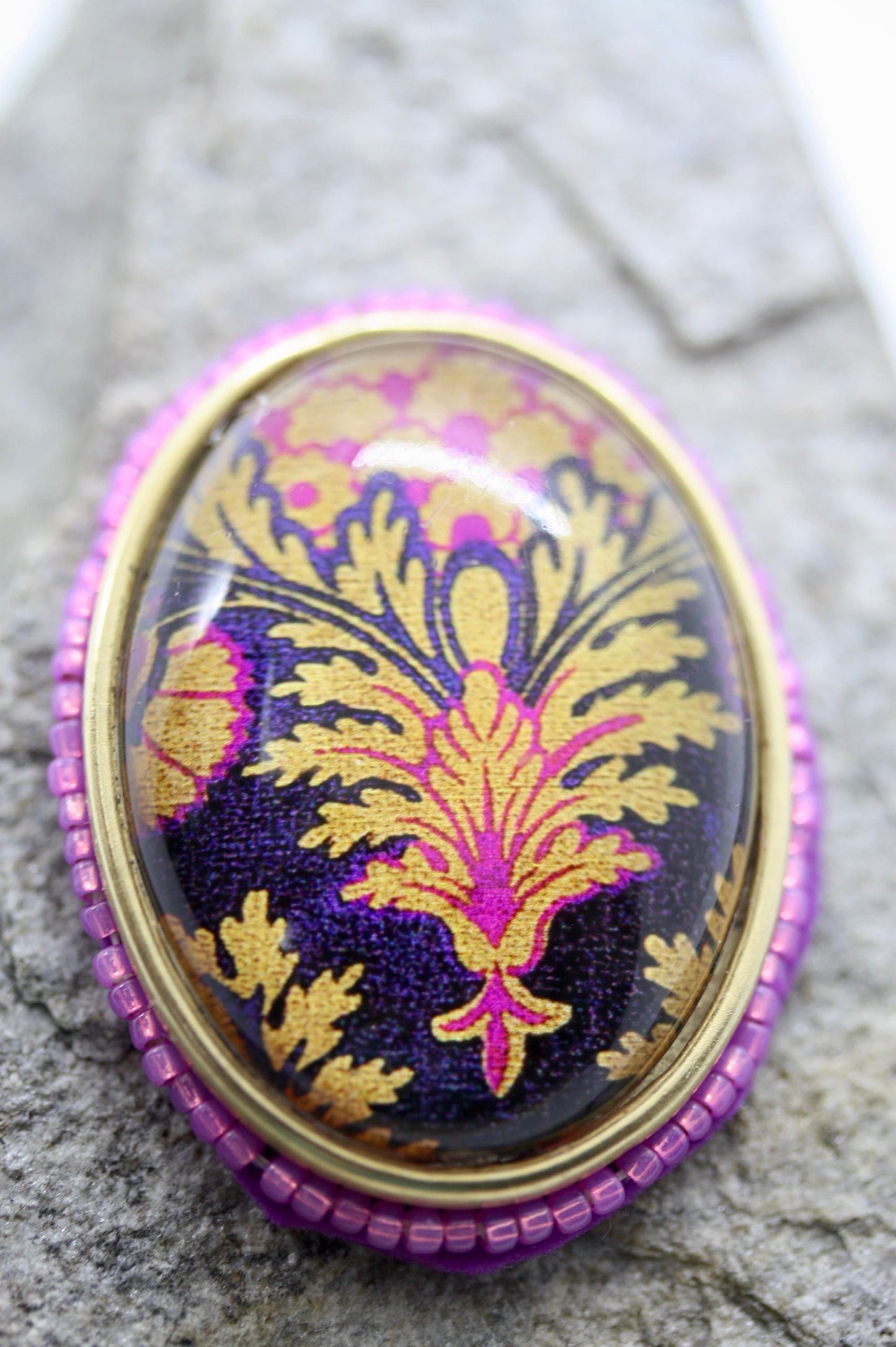Handmade. beadwork and mixed material pink, purple and goldtone necklace pendant OR pin