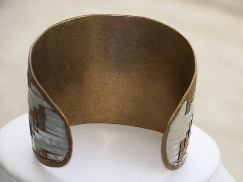 Mixed metal Basketweave hand woven copper & silver stunning vintage artisan cuff bracelet