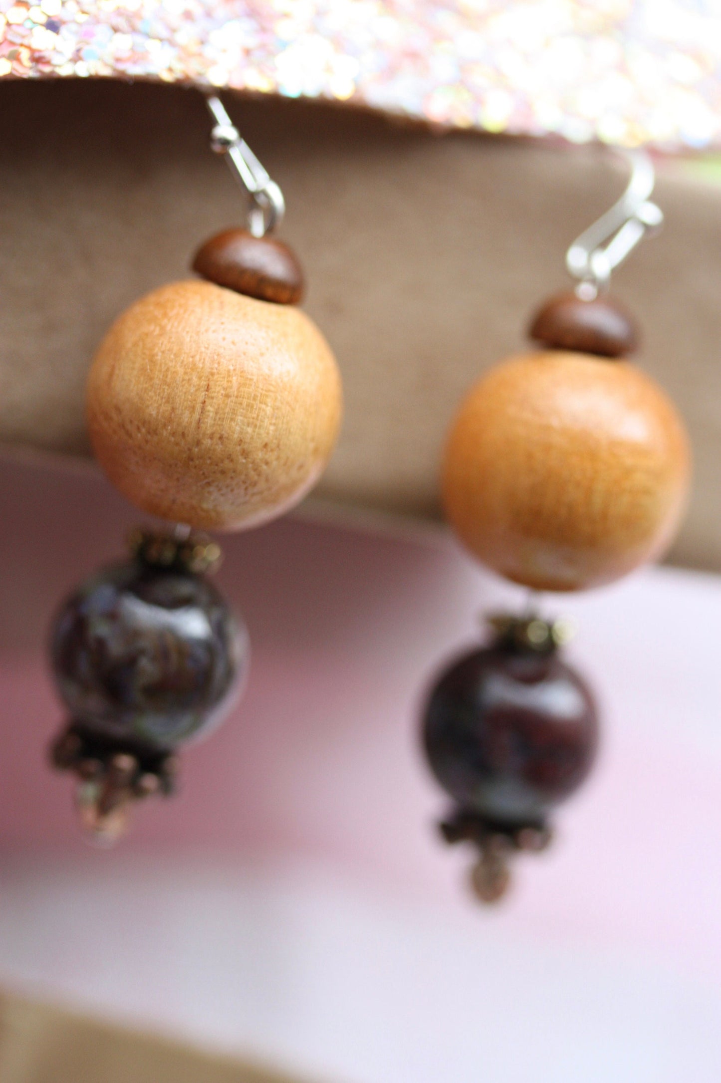 Marble and wood beaded handmade dangle earrings with vintage, upcycled and new elements
