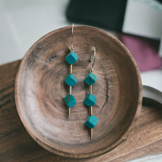 Three dimensional turquoise colored cube dangle earrings