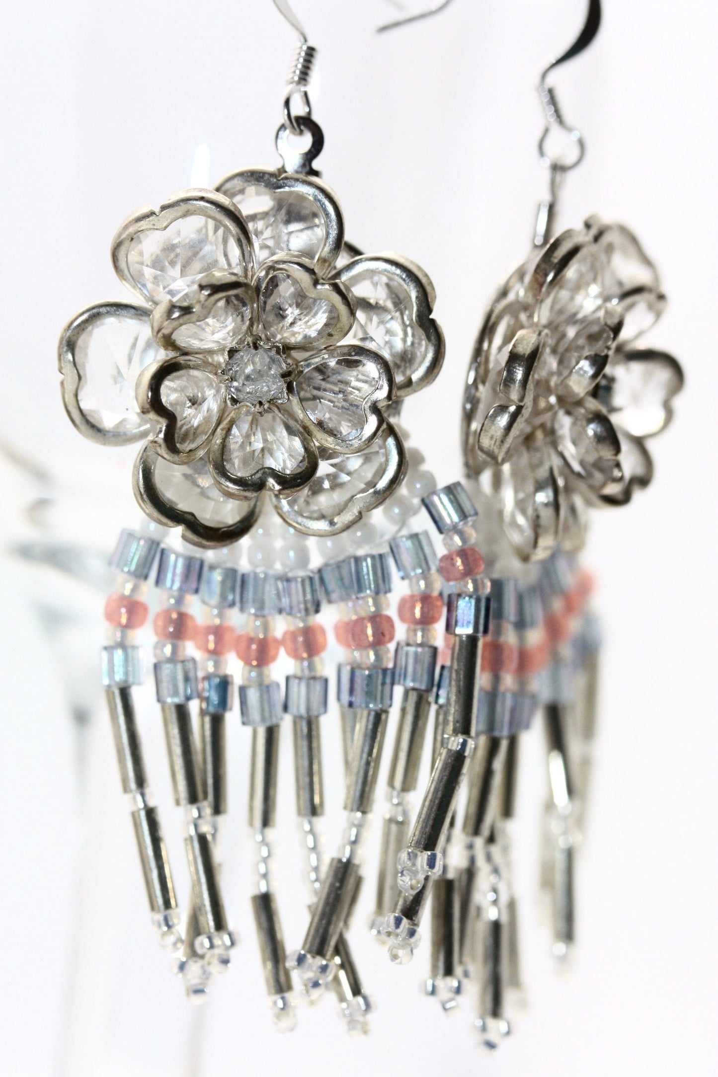 Hand beaded Native-American-Style stunning dangle beadwork earrings - with crystal flowers