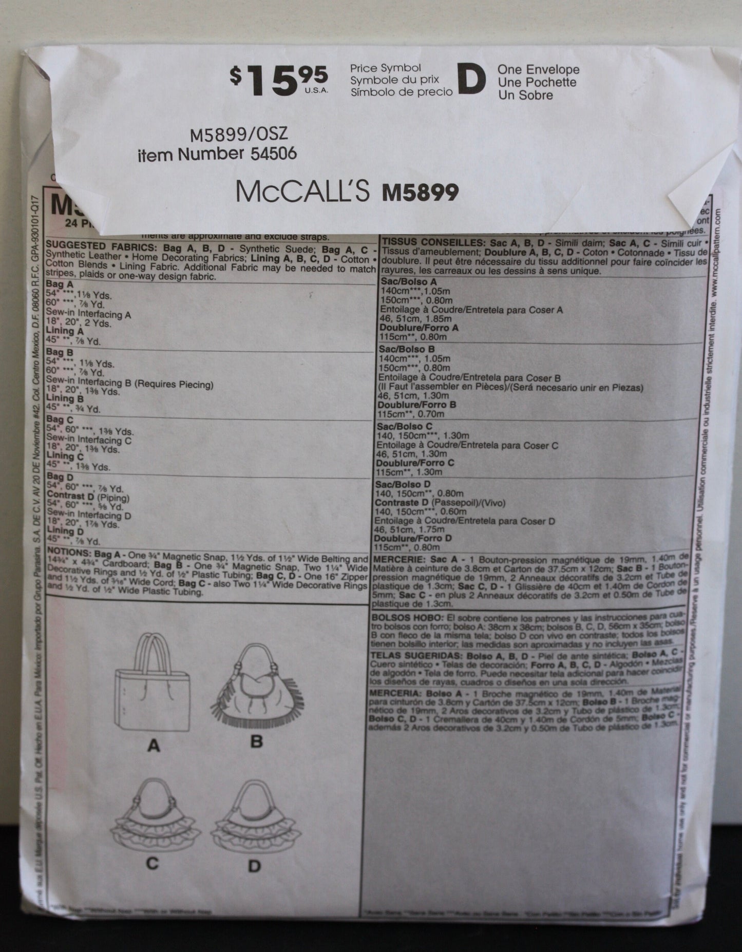 UNCUT Vintage Sewing Pattern -  McCalls Fashion Accessories Pattern M5899 for Hobo Bags