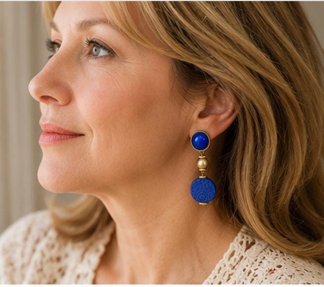 Vintage Cobalt Blue Clip On Statement Earrings | Gold Tone Dangle Earrings | Bold 1980s Fashion Jewelry | 2.5 Inch Earrings
