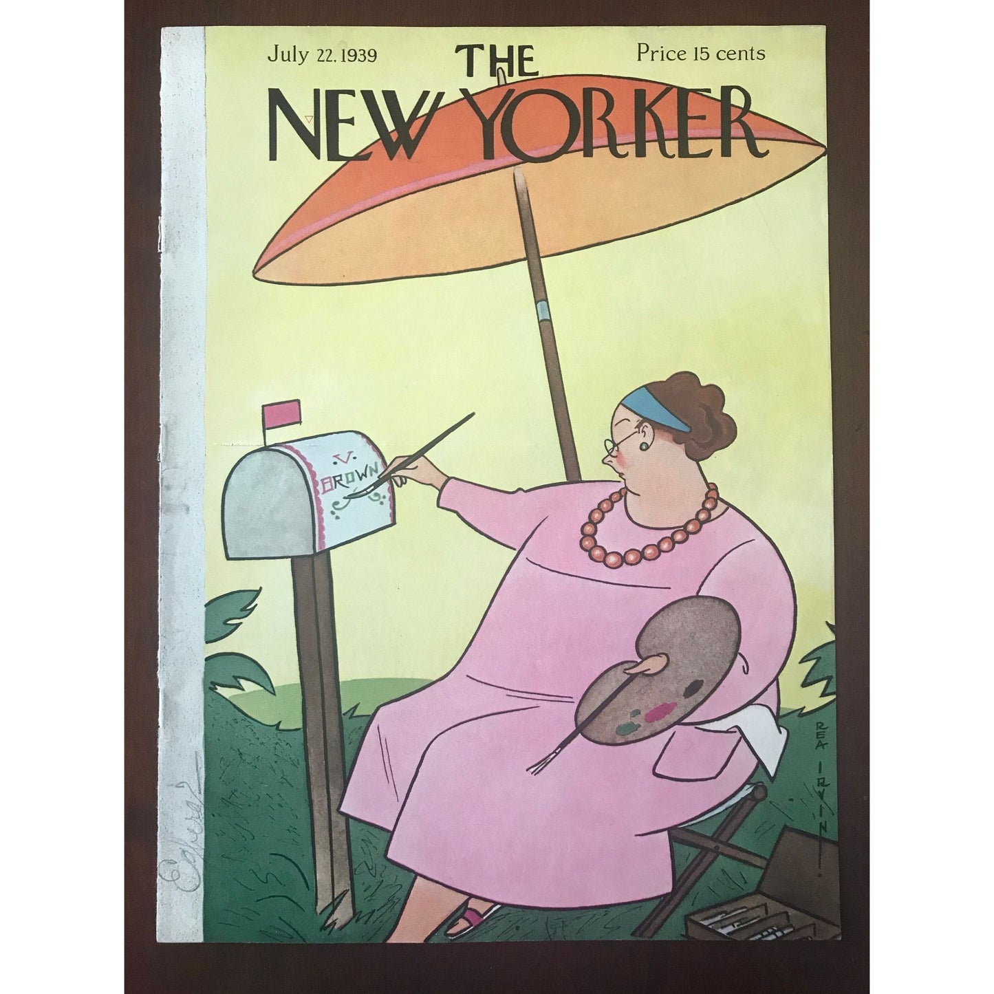 Rare - July 22, 1939 - The NEW YORKER Magazine original cover by Rea Irvin - pink dressed woman painting mailbox - please read description