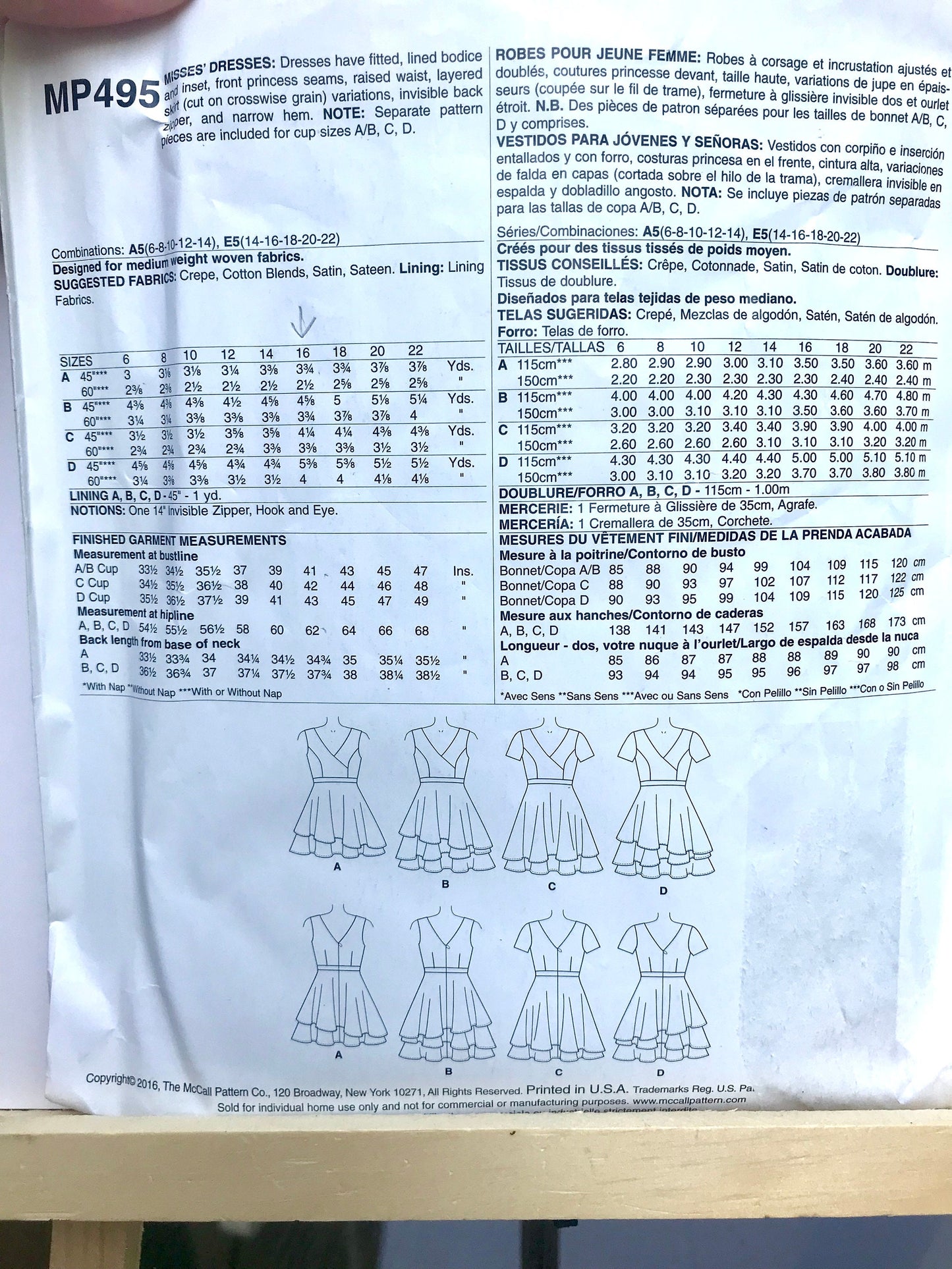 UNCUT Sewing Pattern - McCall's Dress Pattern MP495 - Sizes 14-22, Asymmetrical Tiered Dress in 4 Variations - Fit and Flare Surplice Bodice