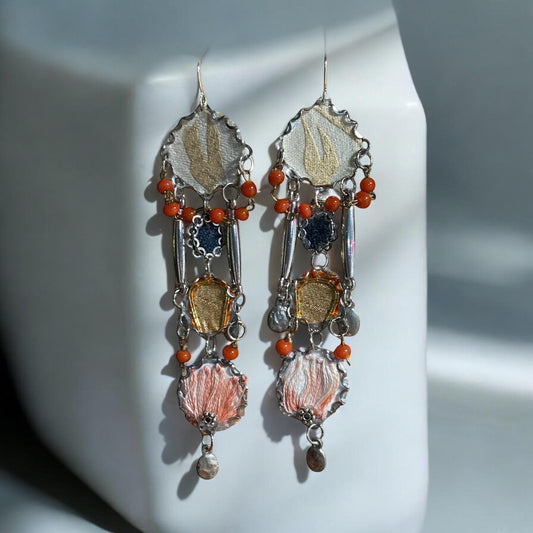 Orange and blue denim mixed media collage earrings with mixed fabrics and metals; Sterling silver ear wires