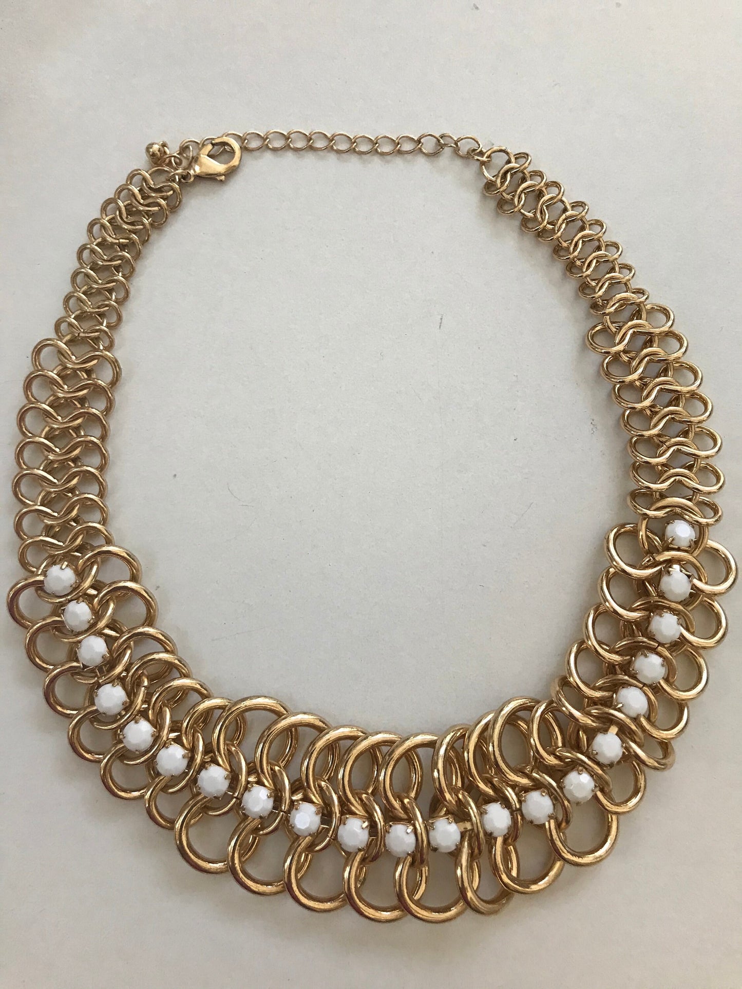Unique chunky vintage goldtone chain statement necklace studded with milk glass rhinestones